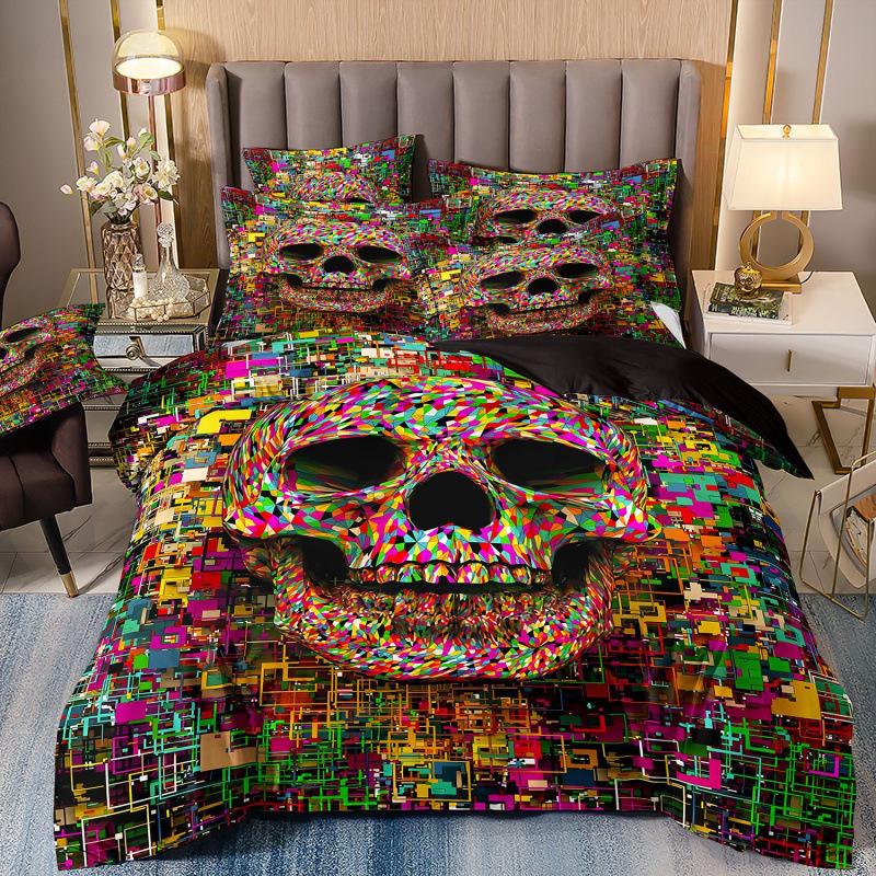 Set de trei piese 3D Textile de casă Lenjerie de pat Schelet Femeie frumoasă Imprimeu Husă de pilotă Cearșaf