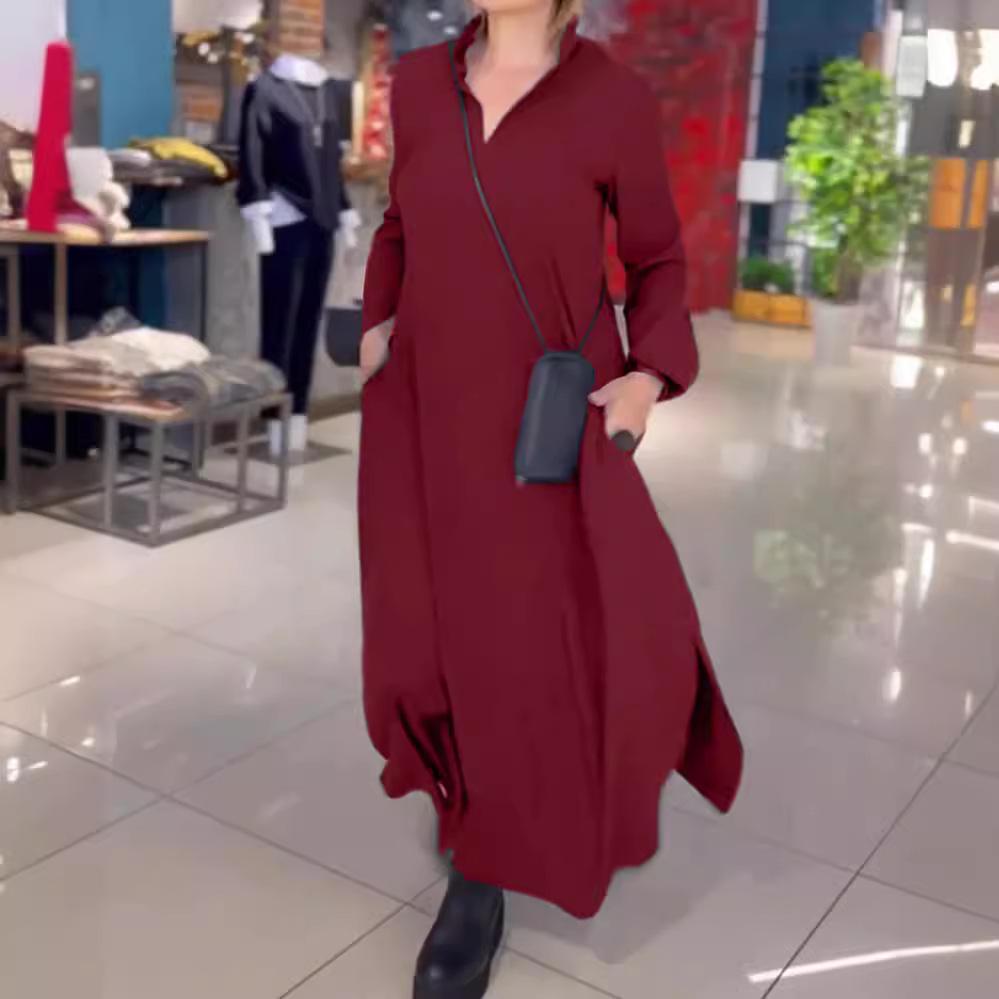 2026 Fall/Winter Women's Casual V-Neck Long-Sleeve Solid Color Dress