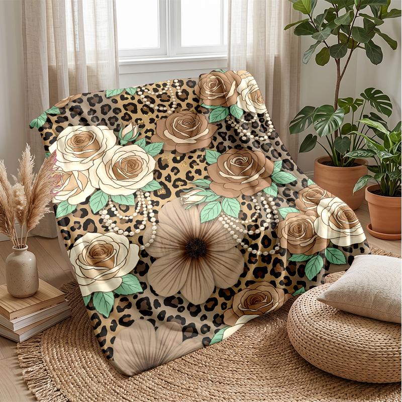 Leopard Roses and Bow Theme Blanket Lightweight Warm Flannel Blanket Decorative Throw Blanket for Home Decoration