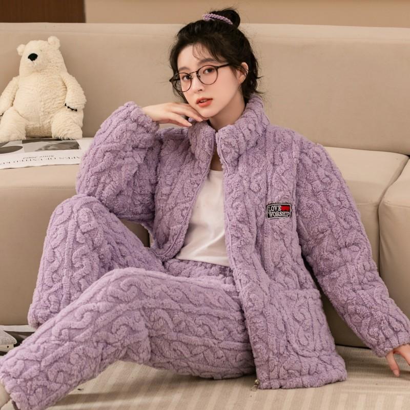 Womens Coral Fleece Quilted Pajama Set Winter Warm Flannel Loungewear