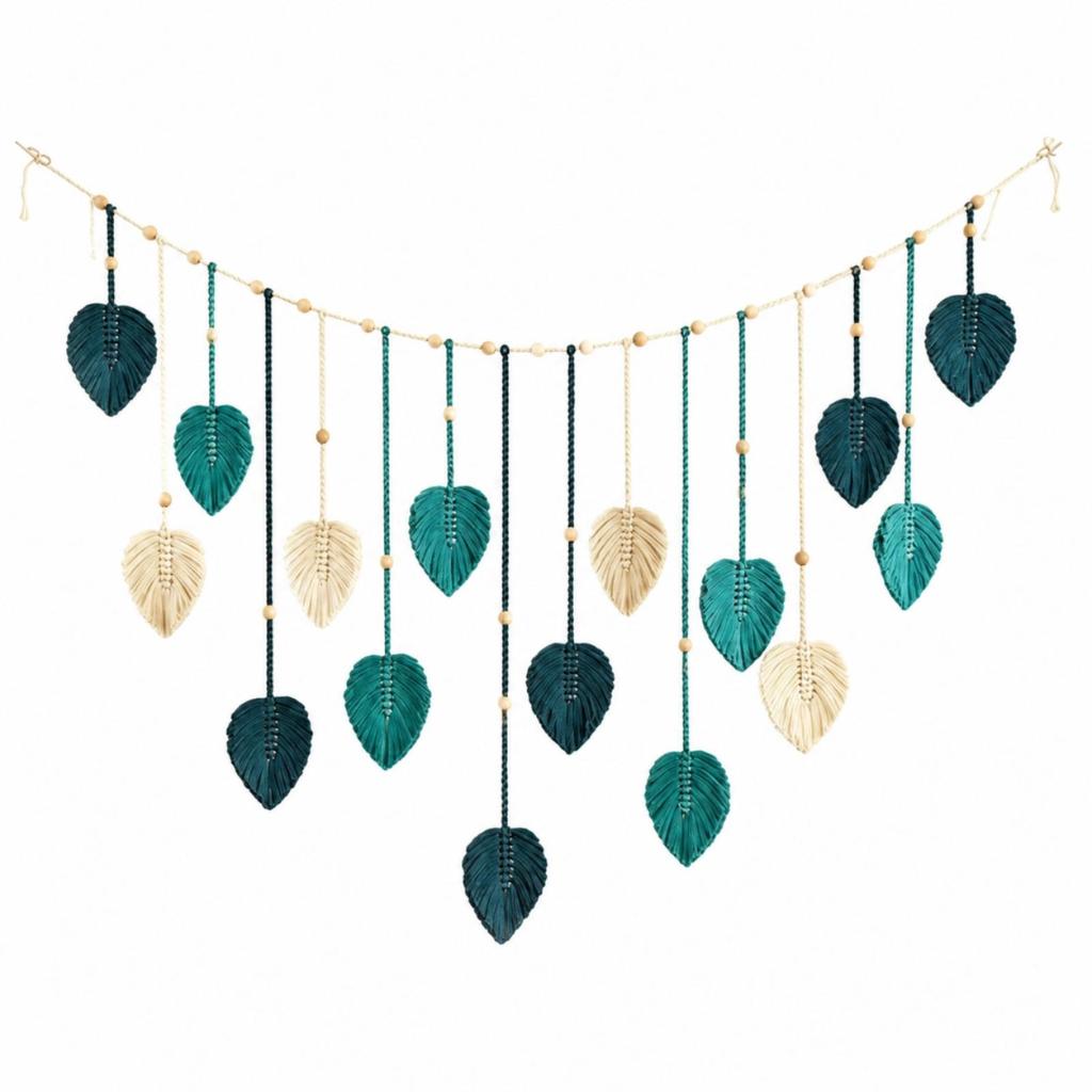 Cotton Rope Wall Hanging with Leaf Ornaments Handmade for Bedroom, Studio