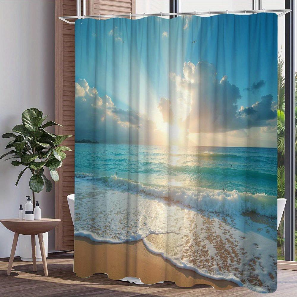 Serene Beach Sunrise Shower Curtain - Blue & White Gradient Sky, Ocean Waves,  Machine Washable, Coastal Bathroom Decor