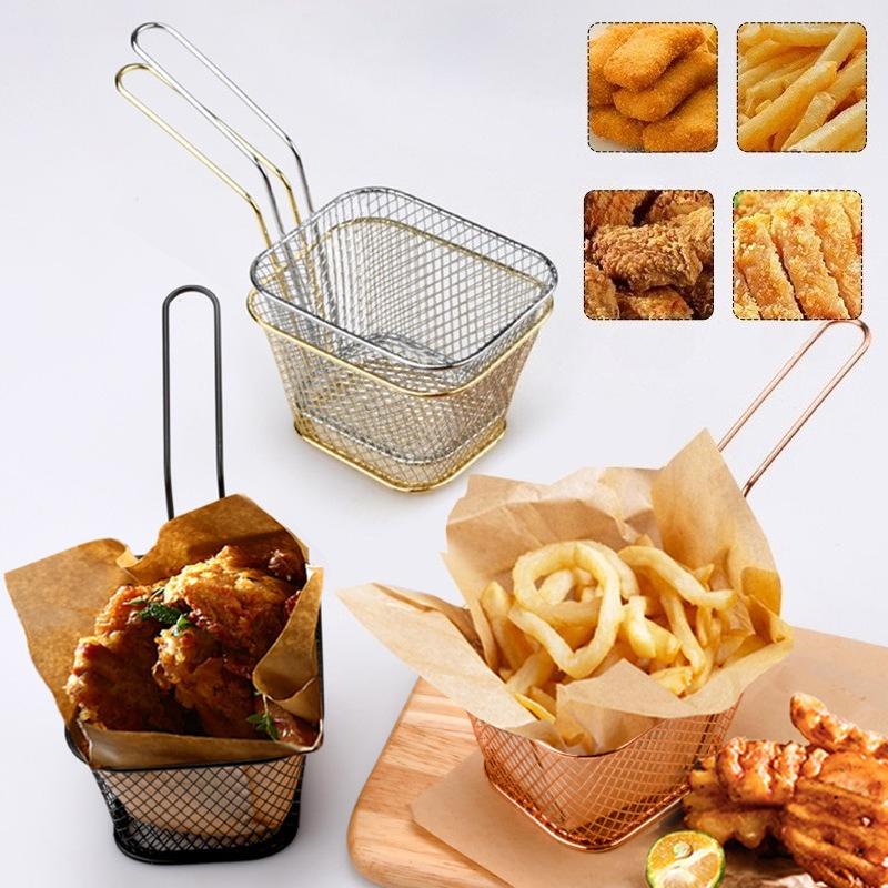 French Fry Serving Baskets, Stainless Steel Fry Basket, Mini Square Chicken Wings Holder, for Restaurant Cafe Table Food Serving
