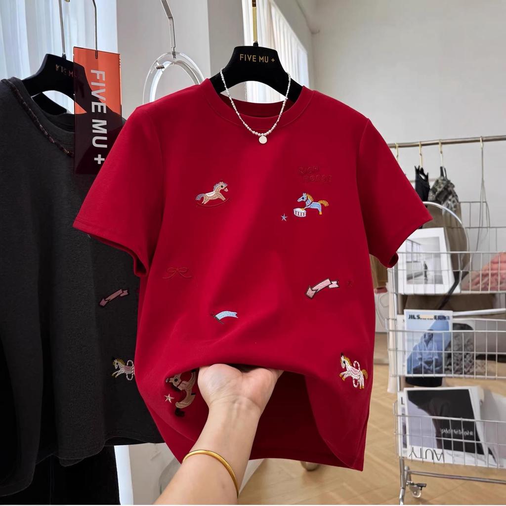 Women's Gray Pony Print Short-Sleeve T-shirt: 2026 Early Spring Slimming Loose Fit