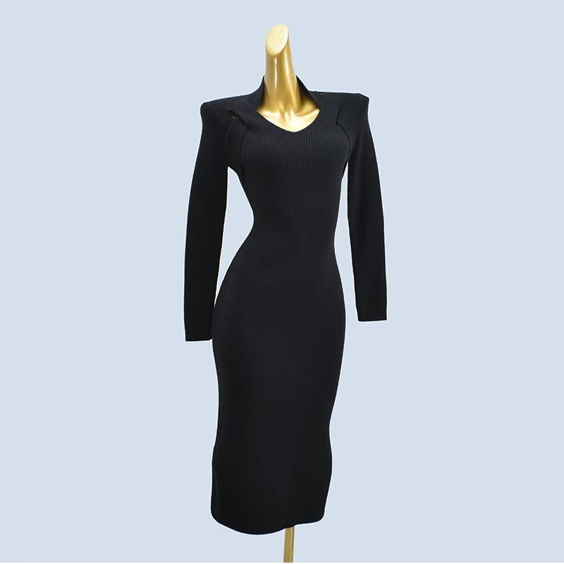 Brand Label Cutting Halterneck Long-Sleeved Silm Thick Knitting Sweater Mid Length Long Length Split Elegant Dress Female Fall and Winter