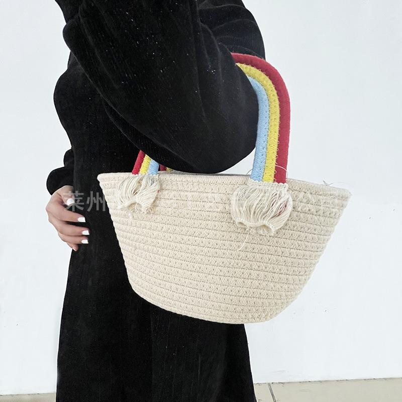 Rainbow cotton thread bag, hand-held straw cotton rope, handmade basket, seaside messenger holiday, beach bag versatile