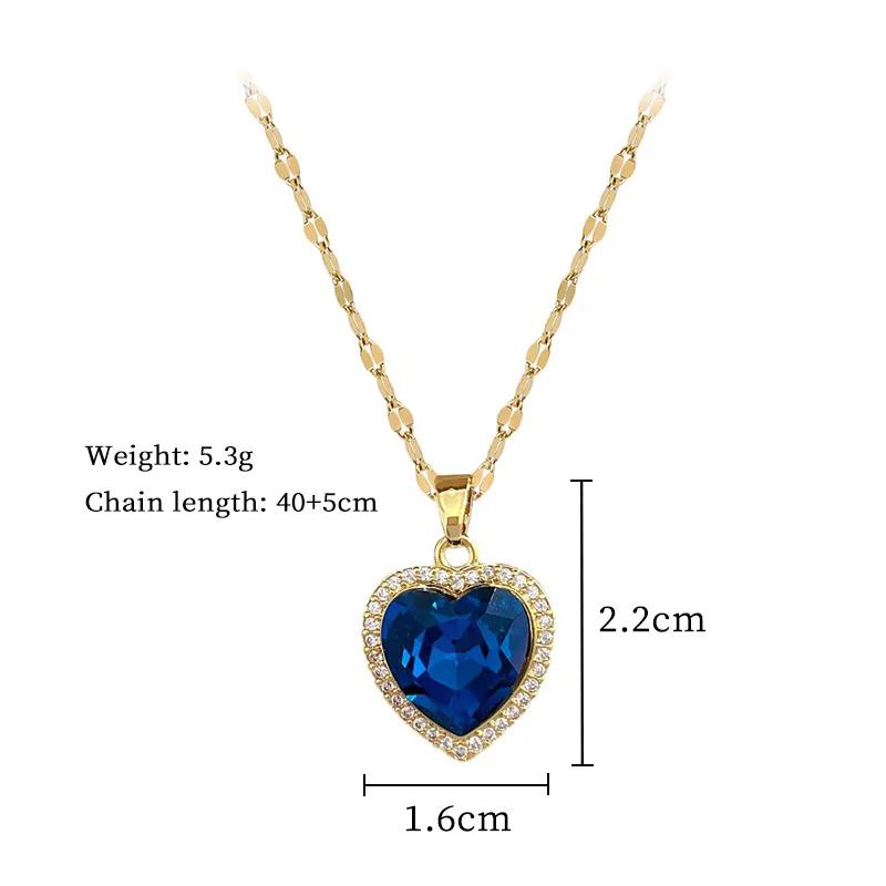 Women's 316L Stainless Steel Heart-Shaped Pendant Necklace with Big Blue Zircon Fashion Clavicle Chain Jewelry Gift for Girls