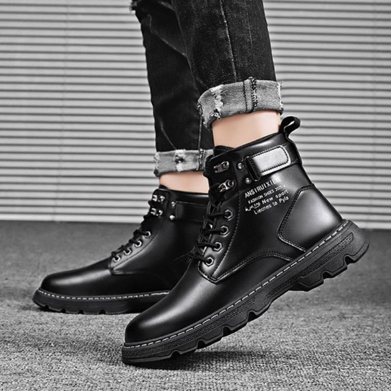 Fashion Spring Men Leather Boots Fashion Motorcycle High Top Platform Ankle Boots Outdoor Waterproof Non Slip Casual Shoe Bota Masculina