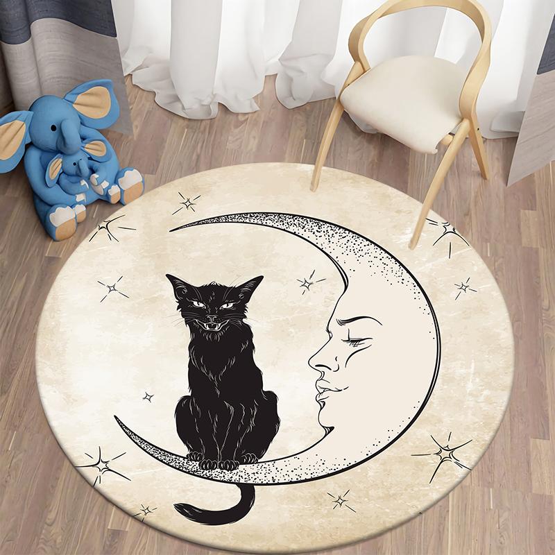 Black Cat Round Carpet for Living Room Rugs Children Carpet Bedroom Bath Mat for Children Home Decoration Anti-slip Doormat