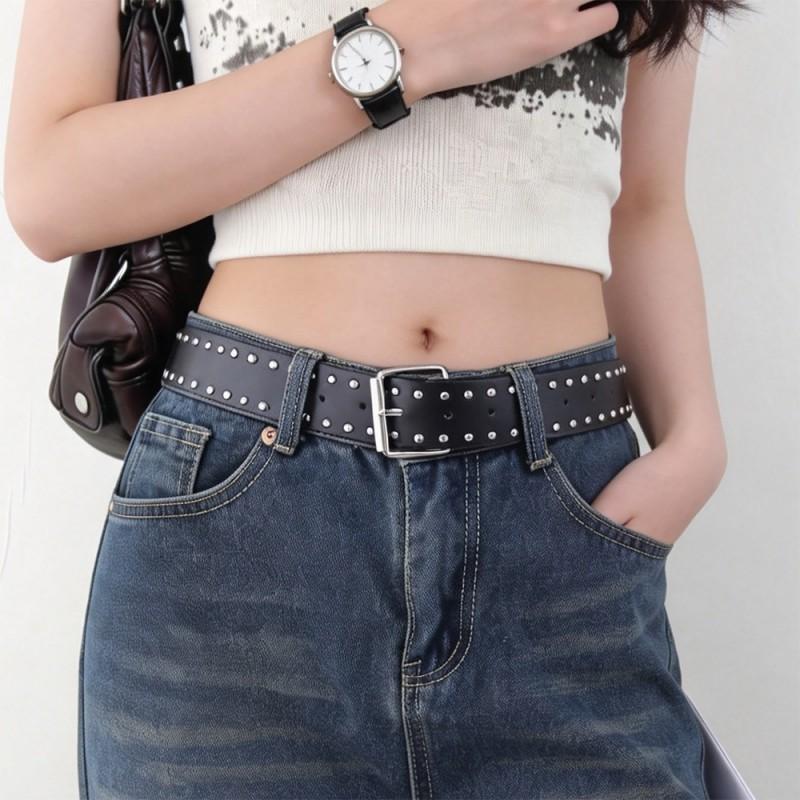 Studded Wide Leather Belt Women Punk Y2K Hip Hop Style Adjustable Waistband With Metal Pin Buckle