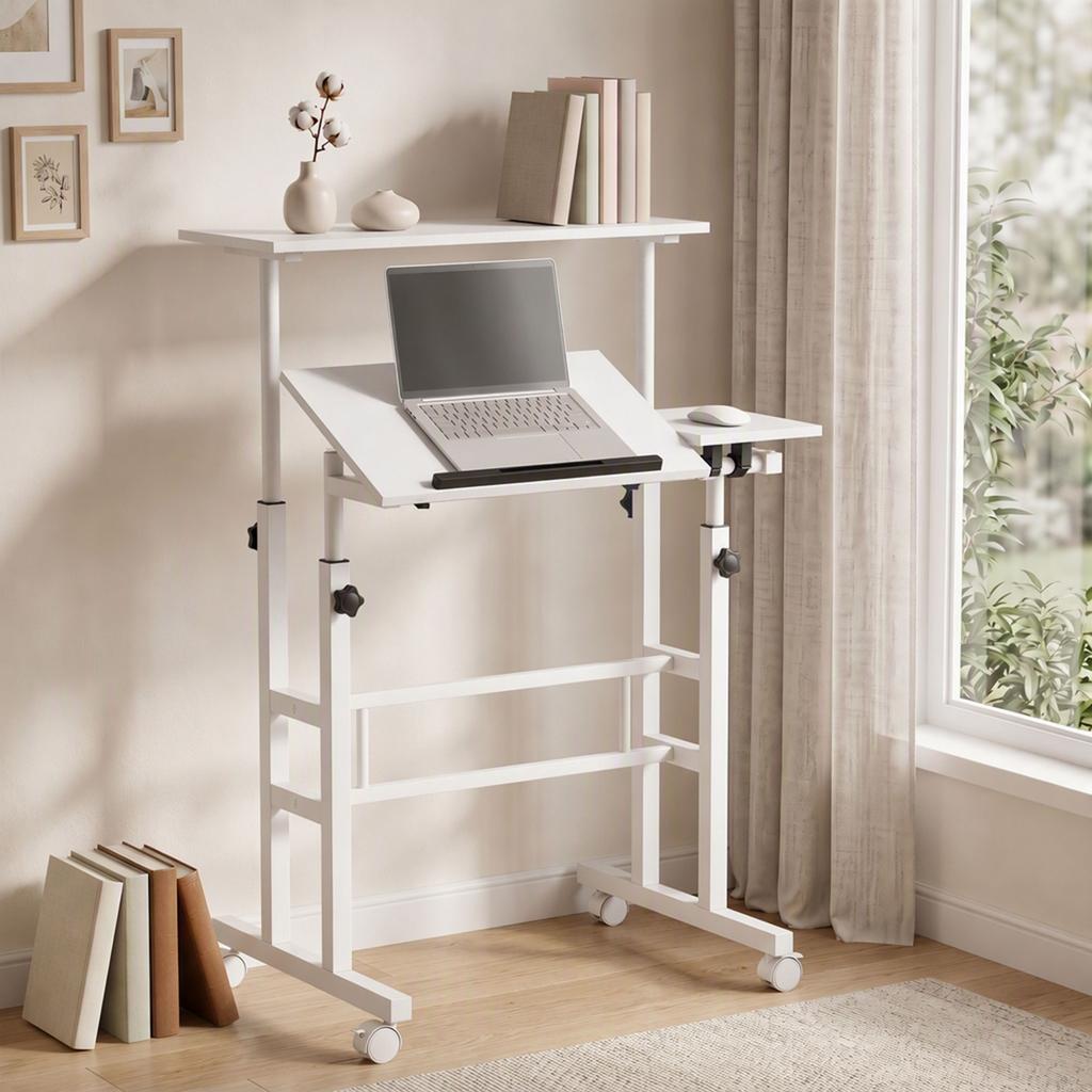Sit-Stand Desk, Height-Adjustable, 70 x 60 cm, on Casters, Tilting Top, White