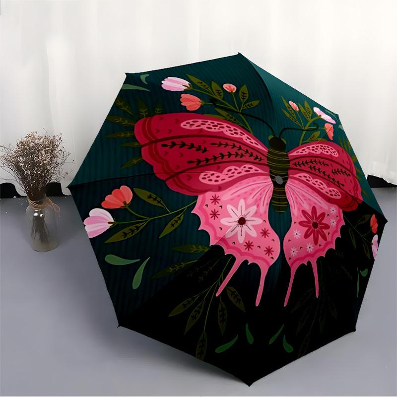 1pc Butterfly Floral Pattern Automatic Open/close Folding Umbrella, Compact Portable Travel Umbrella, Perfect Birthday/Christmas, Cute Umbre