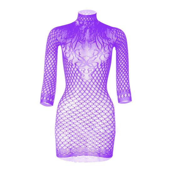Women's Long Sleeve Bodycon Mini Dress Mock Neck Hollow Out Sheer Mesh Cover Up Dress Backless Erotic Clothes