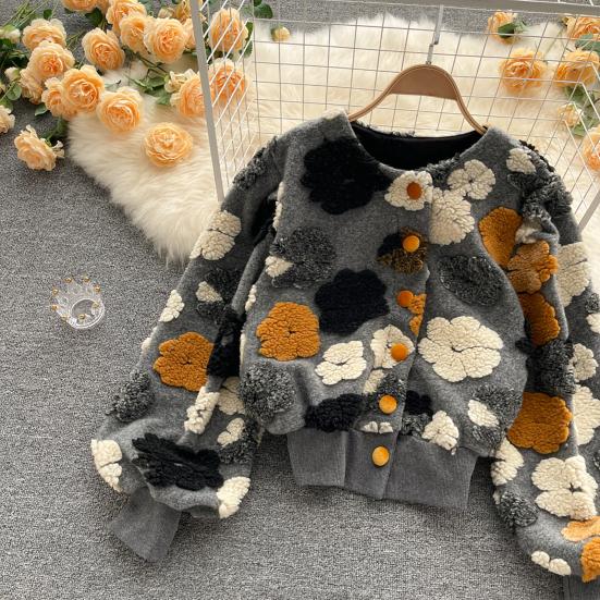 Women Coat Cardigan Single-breasted Long Sleeves Flower Elegant Keep Warm Elastic Cuff