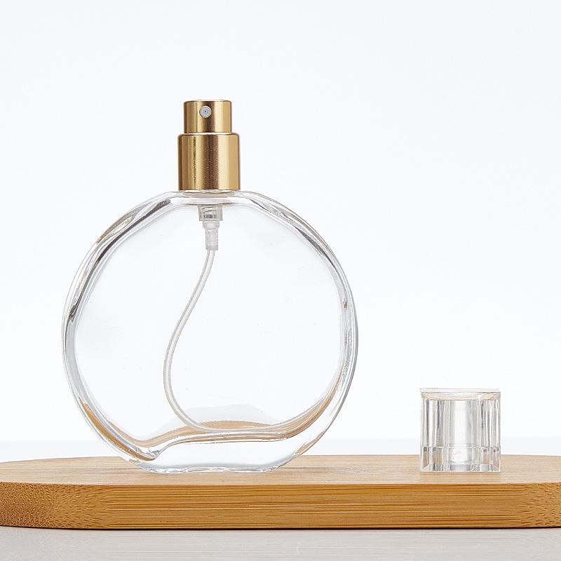 High-End Transparent Glass Perfume Bottle, Flat Round Bayonet, 30-50ml Press Spray