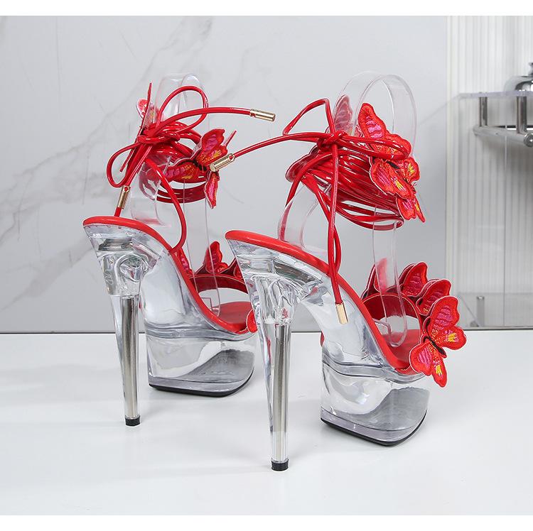 Strap Shoes Butterfly Sexy Super High Heels 15CM Thin Heel Waterproof Platform Sandals Transparent Crystal LFD
