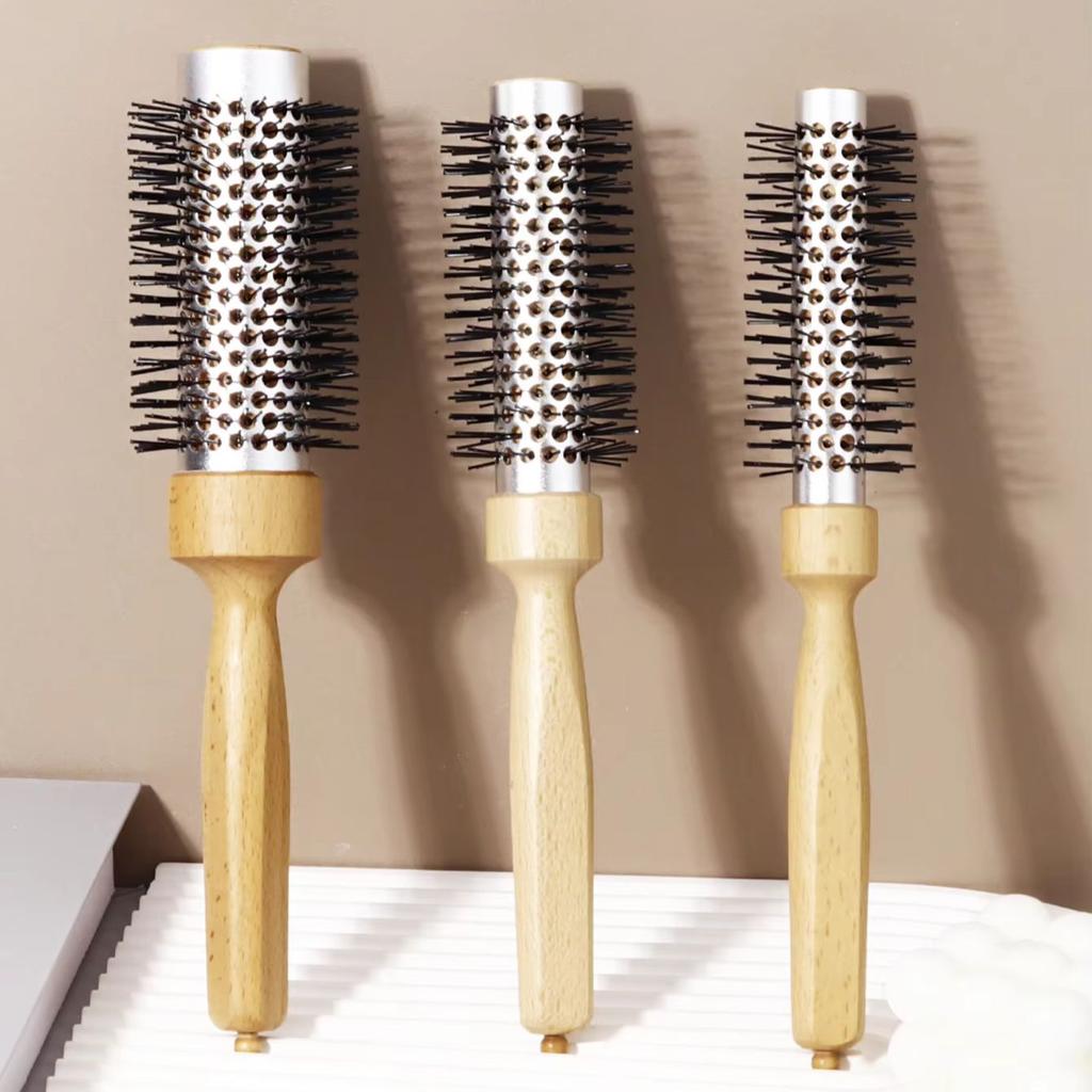 Hairstyling Nylon Hair Brush - Hair Dryer Cylinder Curling Comb - Aluminum Tube Comb and Wooden Handle