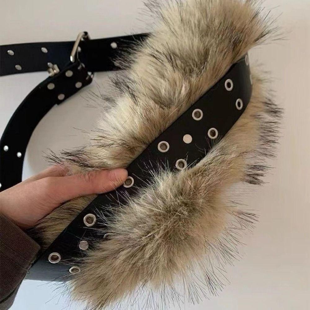 Rivet Leather Fur Belt PU Leather Y2K Waistband Personality Plush Belt  Female/Girls