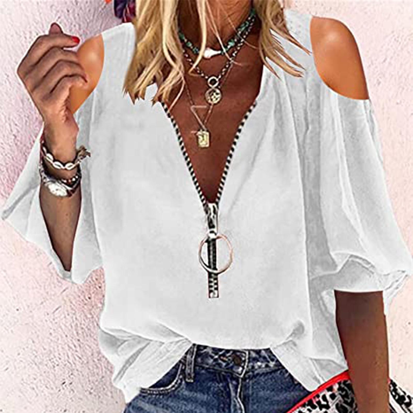 

Женская модная цветная повседневная свободная рубашка-топ с длинным рукавом, V-образным вырезом и молнией XXL