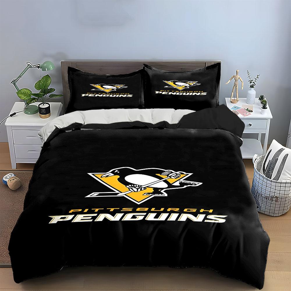 Pittsburgh Penguins Hockey Logo Design Print Bedding Set Duvet Cover Pillowcases (1* Duvet Cover 2* Pillowcases Do Not Include Comforter)