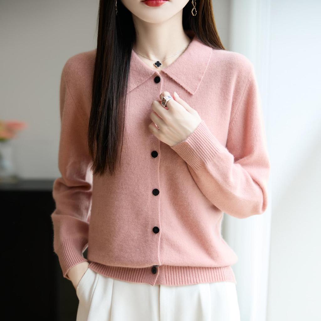 2026 Spring/Summer Women's Polo Collar Knit Shirt Sweater - Loose Long-Sleeved Wool Cardigan Fashion Outerwear