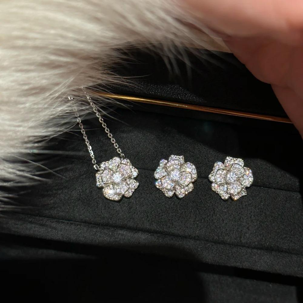 Elegant Camellia Flower Necklace with Diamond Rose Ring and Open Bracelet Women Jewelry Set