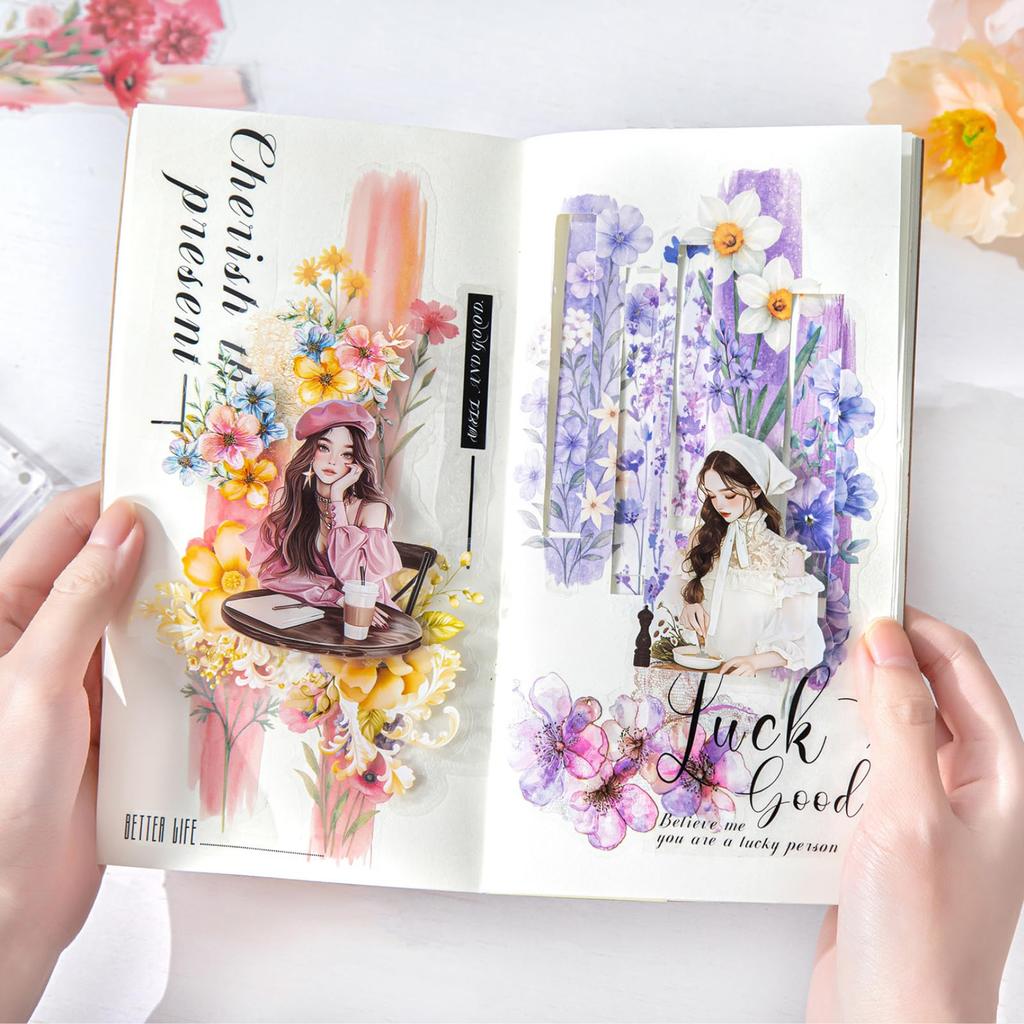 Kigofora Collage Material Flower Watercolor and Floral Collage 60 Translucent Diary Gift and Handmade Decoration Stickers and Stickers, Ink-Dyed