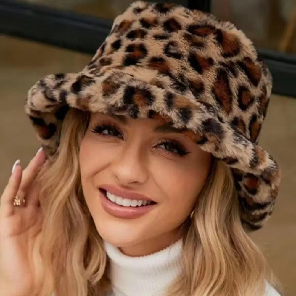 Korean Style Leopard Print Bucket Hat Windproof Fluffy Fisherman Caps  Outdoor