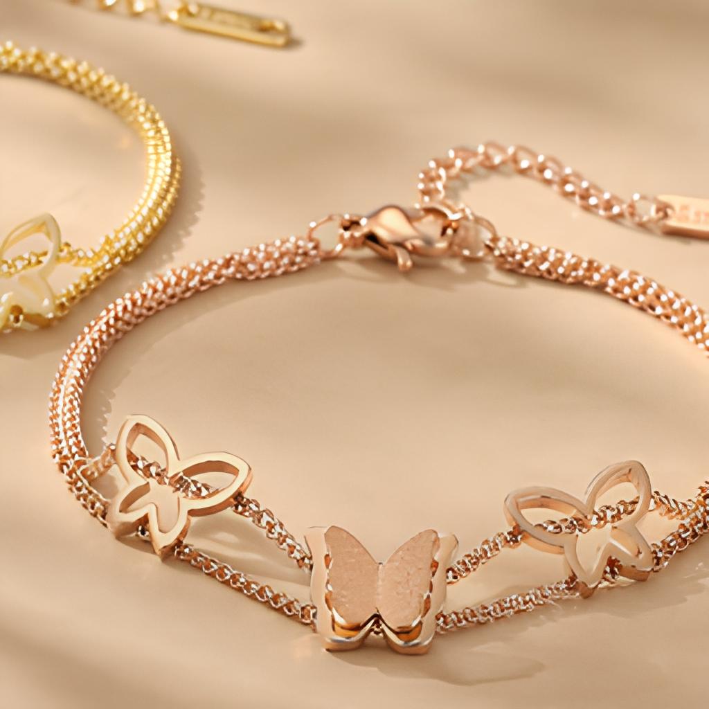 Trending Stainless Steel Double Butterfly Hip Hop Jewelry Ladies Fashion Bracelet Adjustable Charm Bangle