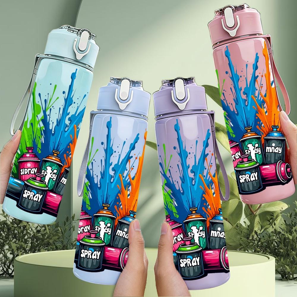 1PC Paint Splash Colorful Graffiti Explosion 750ml Color Plastic Sports Water Bottle Leakproof Flip Straw Lid Suitable for Sports Office Home Use