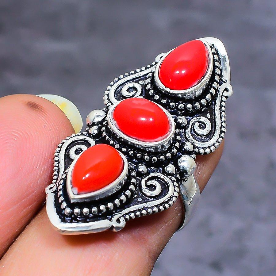 Italian Red Coral Handmade 925 Sterling Silver Jewelry Ring Size 5.5 V8I26