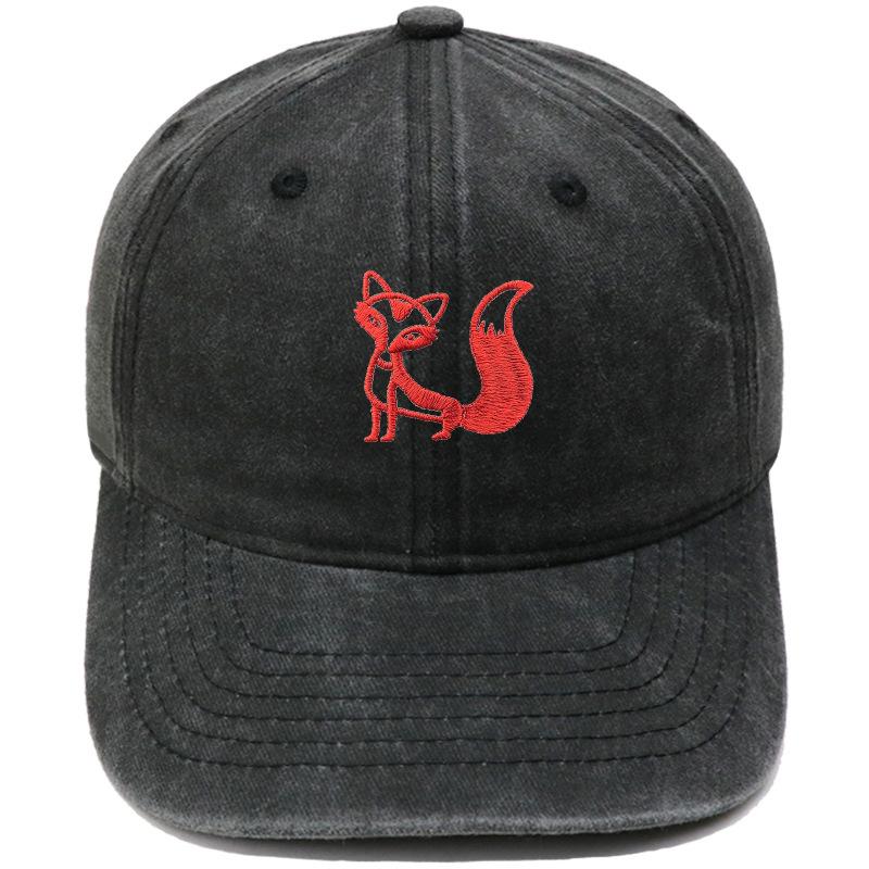 Tegneserie ræv broderet baseballkasket vasket retro dad hat til mænd og kvinder afslappet udendørskasket