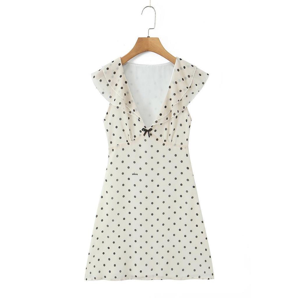 2026 Chic Polka Dot Ruffle Chiffon V-Neck Mini Dress