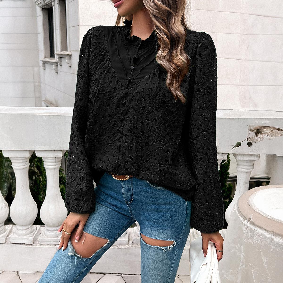 

Women s Winter Skeleton Bubble Sleeve Long Sleeve Blouse Top S чорний