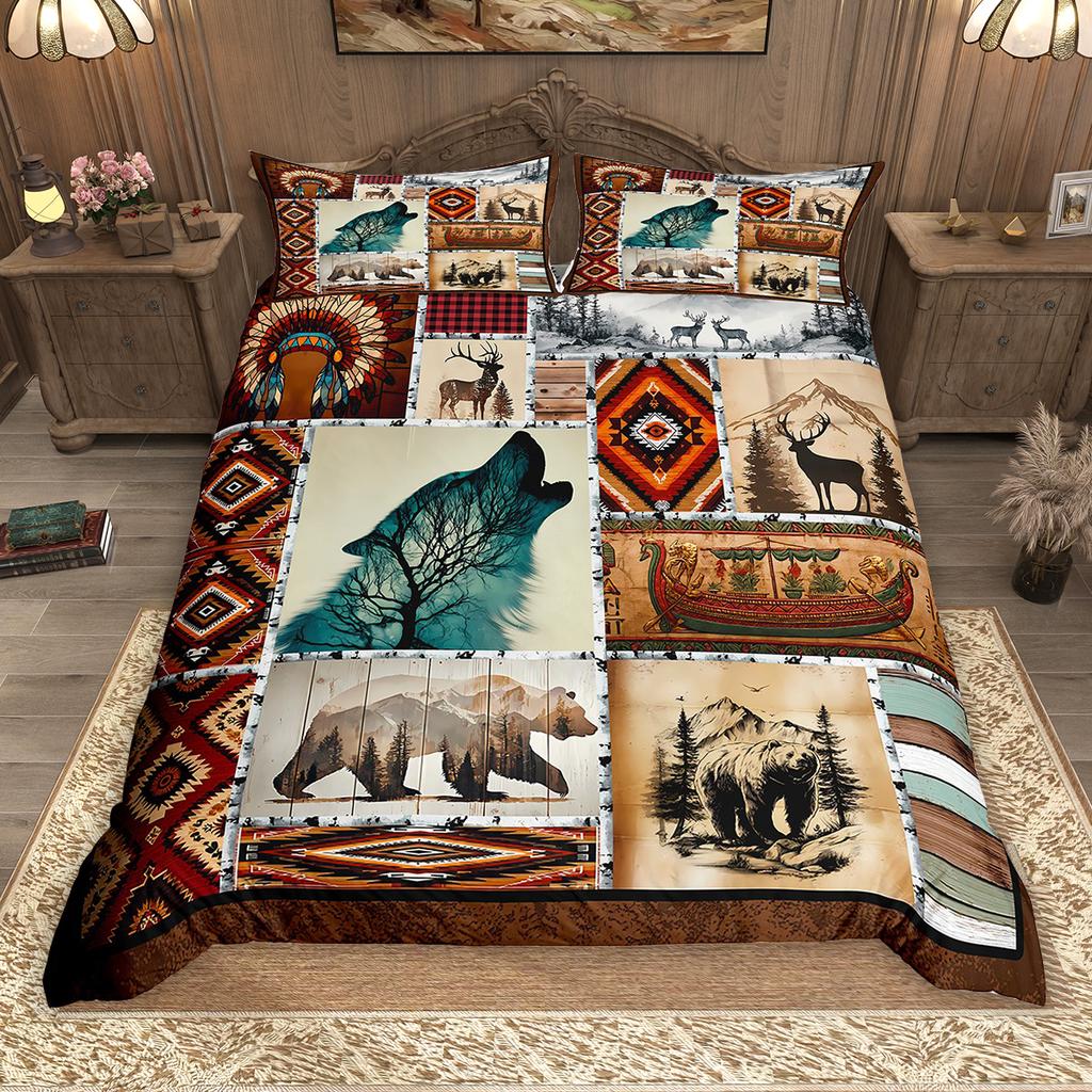 Homewish Rustic Farmhouse Lodge Cabin Duvet Cover Set 2pcs/3pcs, Moose Deer Bear Bedding, Woodland Animal Comforter Cover Set