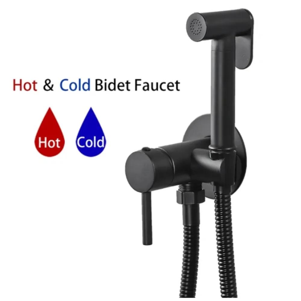 Bathroom Black Bidet Faucet Portable Toilet Bidet Sprayer Brass Toilet Bidet Faucet Hygienic Shower Hot Cold Water Toilet Faucet