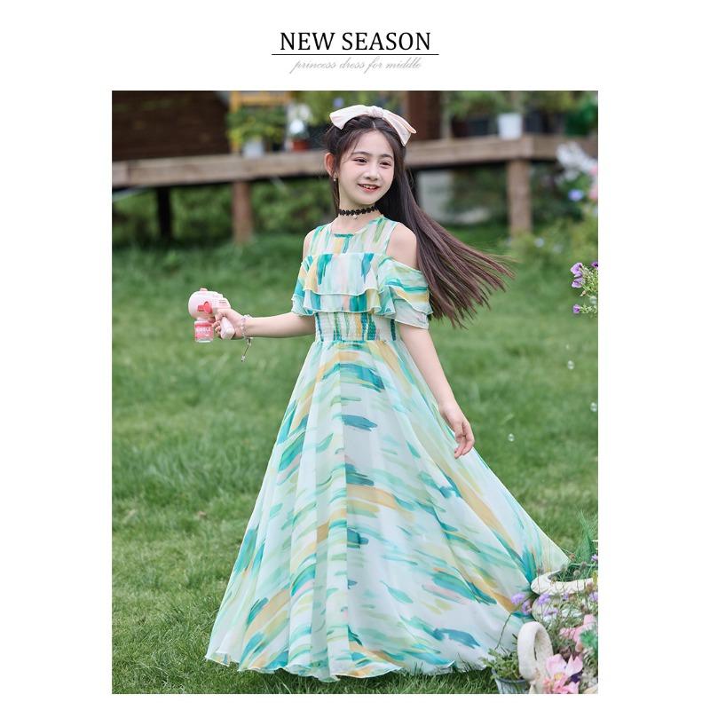 Mädchen Kinder Blumenmuster Kurzarm Chiffon Prinzessin Lang Sommerkleid
