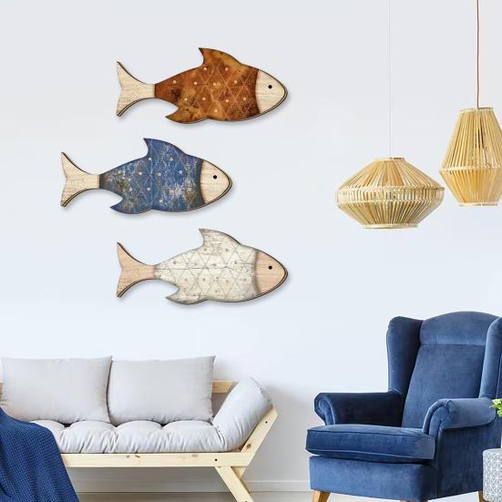 3 Pcs Rustic Wood Fish Wall Art Beach Nautical Wall Hanging Decor Ocean Fish Wall Sculpture for Home Bathroom Living Room