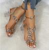 34-43 Plus Size Shoes for Women Summer Fashion Crystal Flower Decoration Elegant Heel Peep Toe Back Strap Elastic Band Sandals