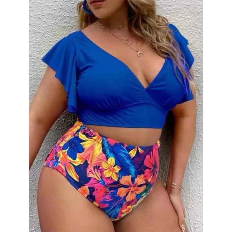 Plus Size Bikini High Waist Ruffle Bikini Set Sexy Flounce Bikini Swimwear Women Two Pieces Swimsuit Floral Beachwear V-neck