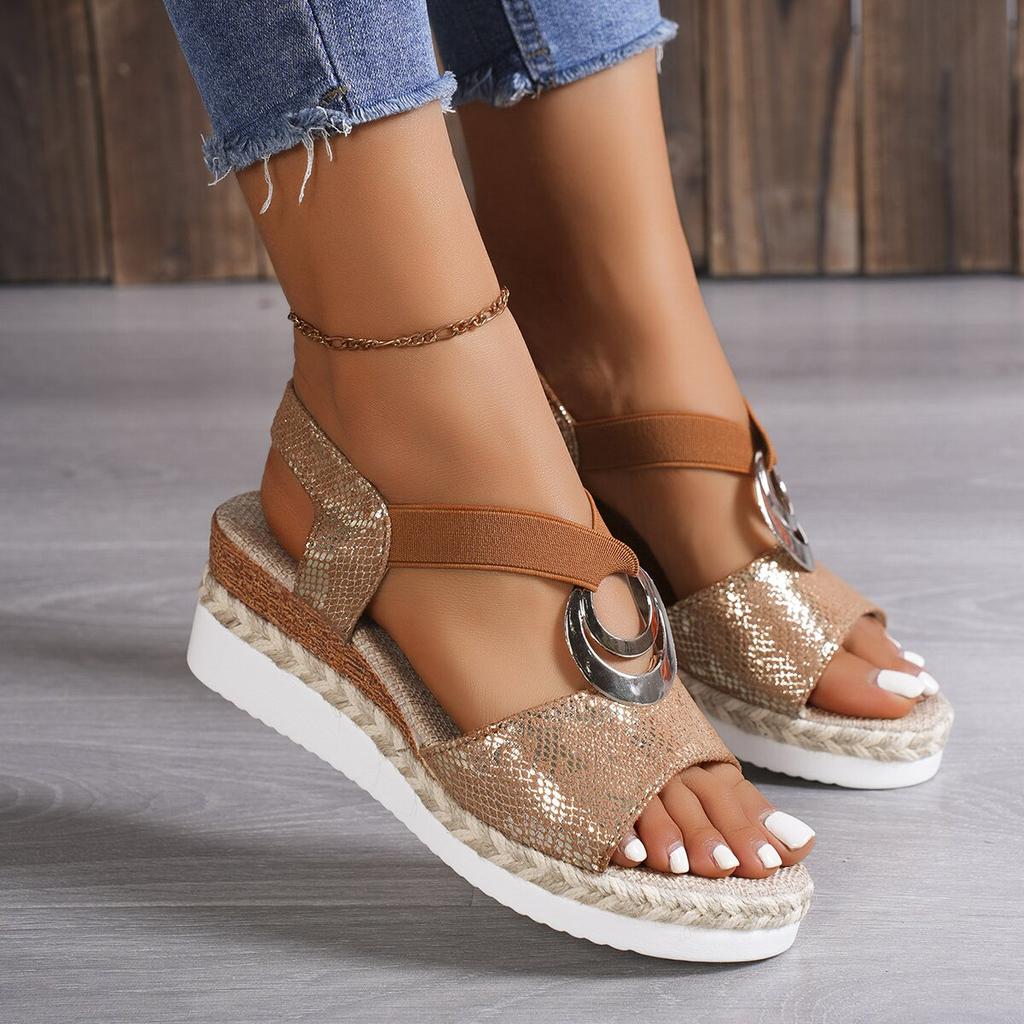 Fashion Women Sandals Snake Print Wedges Shoes for Women 2024 New Summer Metal Decoration Sandals Platform Comfortable Casual Sandals