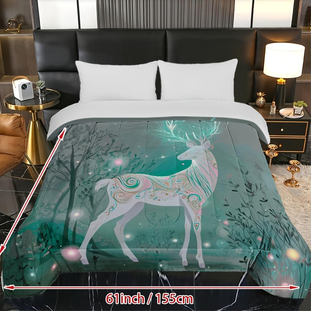 1pc Luxury Winter Forest Deer Quilt - Turquoise Green & White All-Season Bedspread, Ultra-Soft Breathable Comforter with Deer