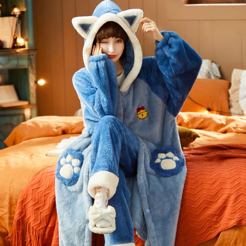 Women's Thickened Flannel Pajama Set - Coral Fleece Long Robe for Autumn/Winter
