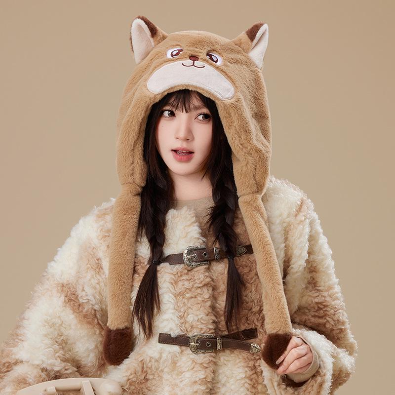 Women's Warm Fleece Cartoon Cat Hat with Moving Ears & Ear Muffs for Autumn/Winter