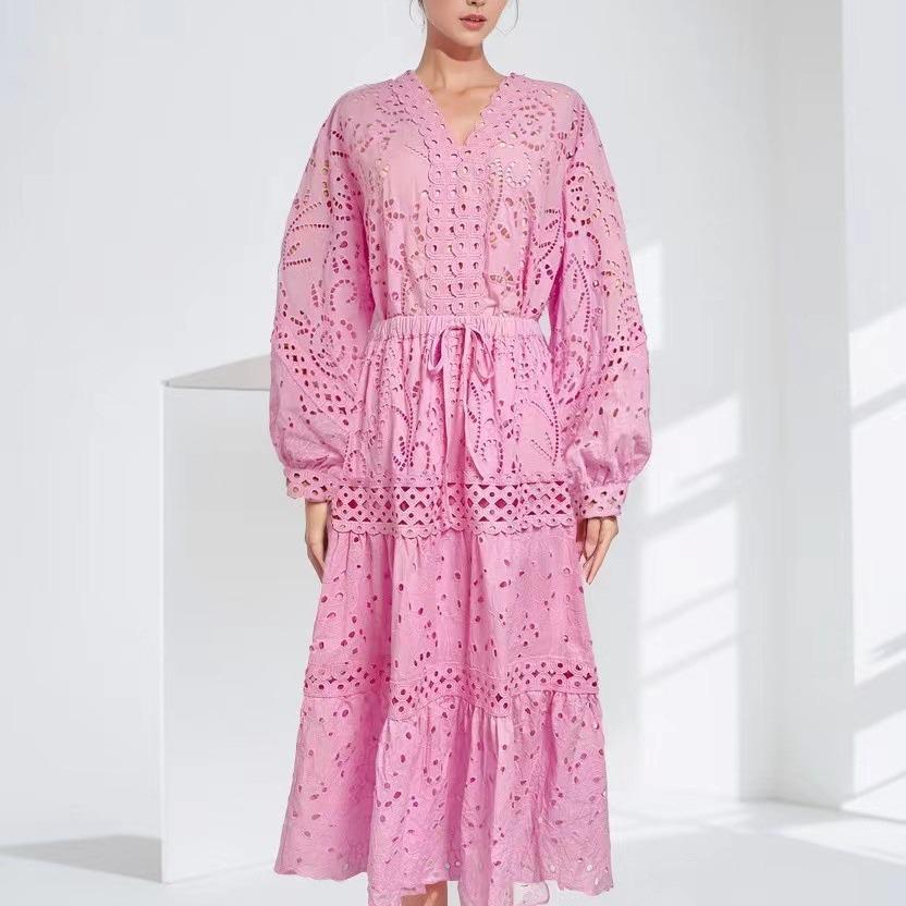 2023 Fall V-Neck Lantern Sleeve Top & Elastic Waist Hollow Skirt Set for Women