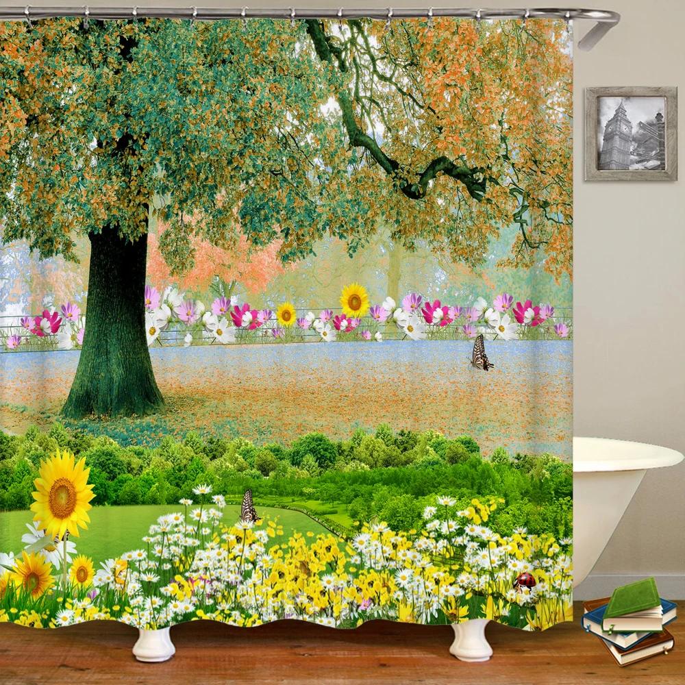 Badrum Vattentät Duschdraperi Polyester 3D Berg Trädgård Havssida Vacker Blomma Landskapstryck Hemdekoration Draperi