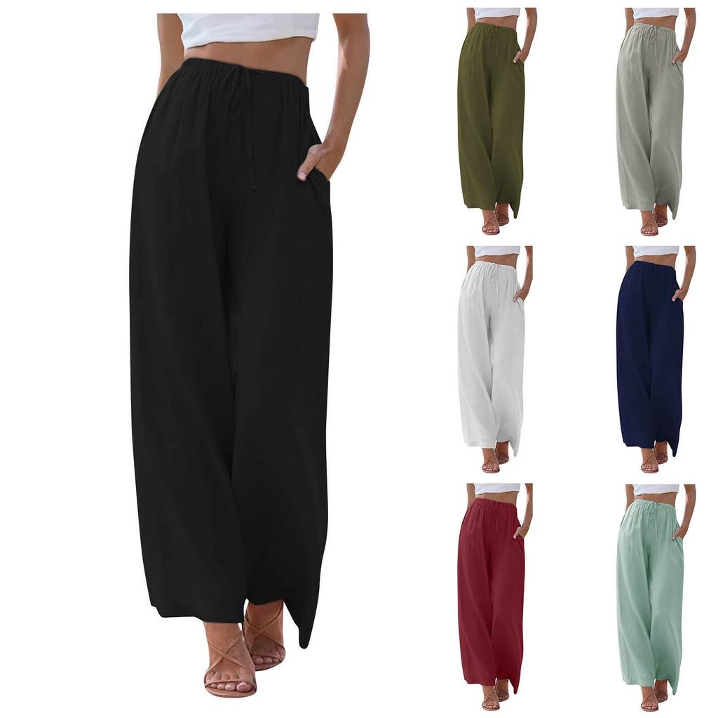 Yaz kadın Rahat Geniş Bacak Pantolon Gevşek Kravat Ön Cep Düz Renk Rahat Bayanlar Çalışma Günlük Pantolon