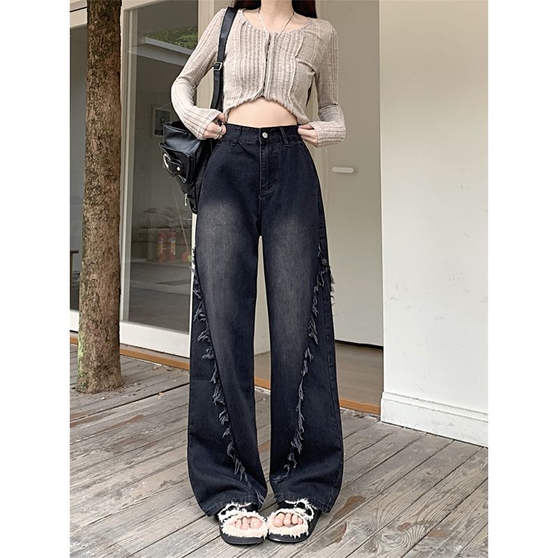 

Plus Size Black Grey Wide Leg Jeans for Women American High Street Loose Spring Autumn High Waist Hot Girl Floor Pants XXL