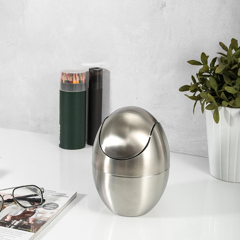 Wholesale Stainless Steel Household Trash Can with Lid Oval Shape Desktop Garbage Bin Luxury Paper Basket