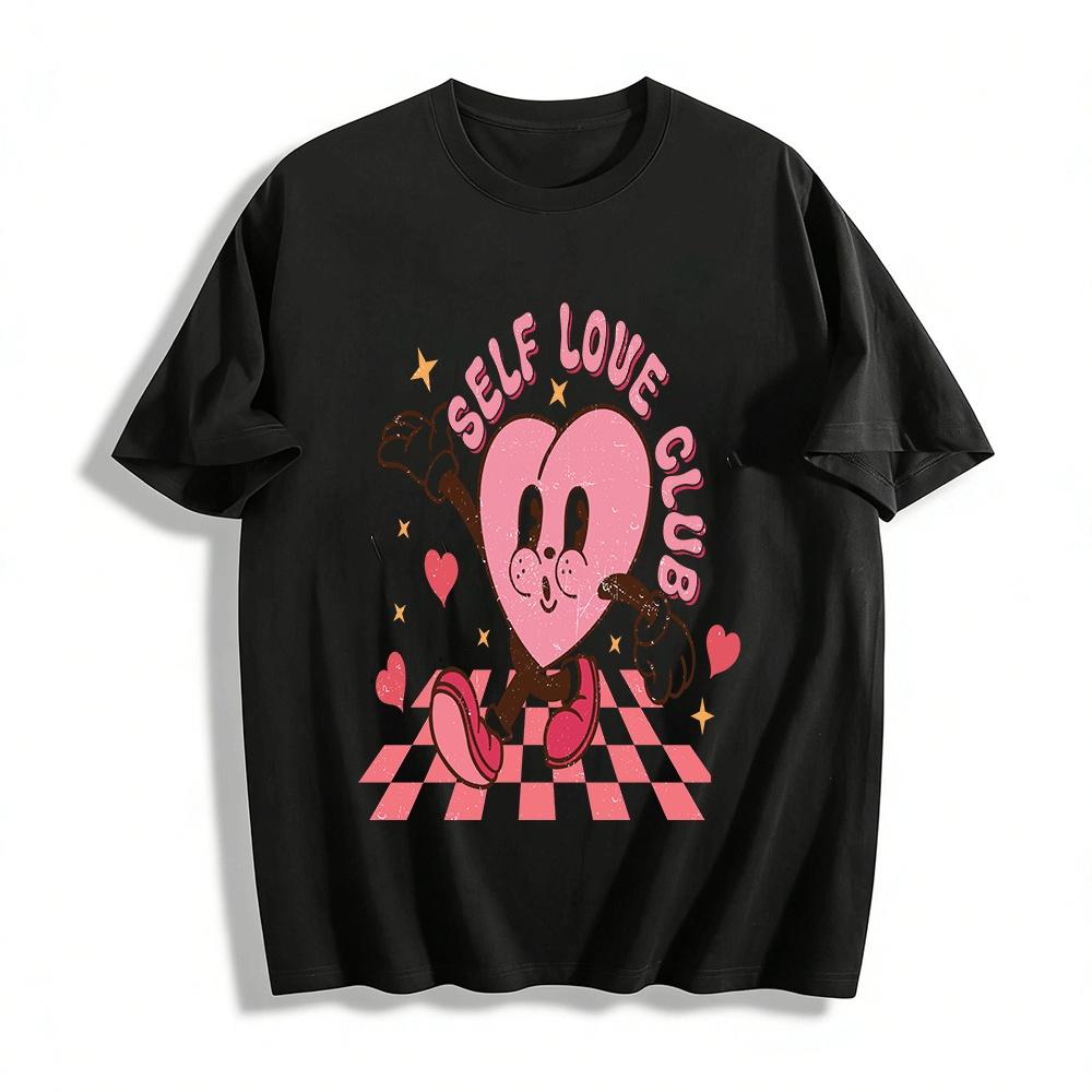 Retro Self Love Club Cartoon Heart Print Casual Top Pure cotton T-shirt XXS